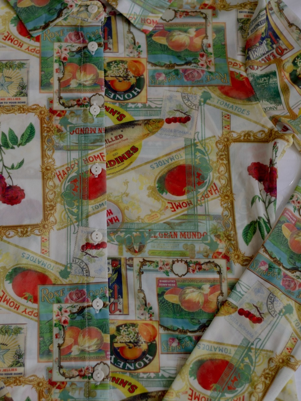 Madden Girl Collage Print Button-Up Shirt - White, Green, Red, Yellow - Picture 3 of 6